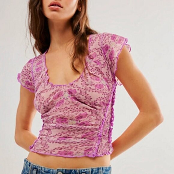 NWT Free People Oh My Baby Mesh Pink Floral Tee - Picture 7 of 7